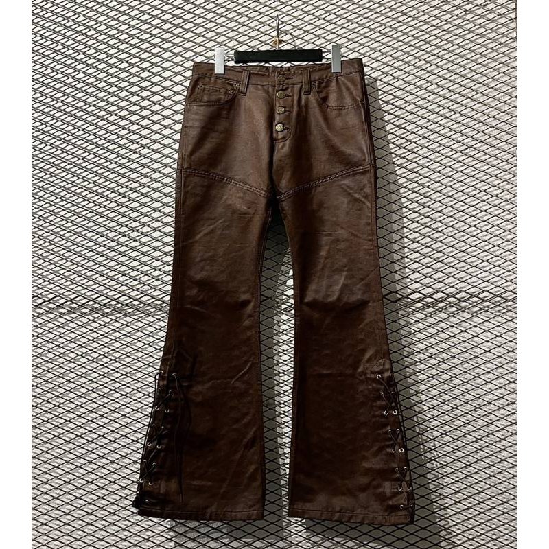 画像1: TORNADO MART - Lace-up Coating Flared Pants (Brown)