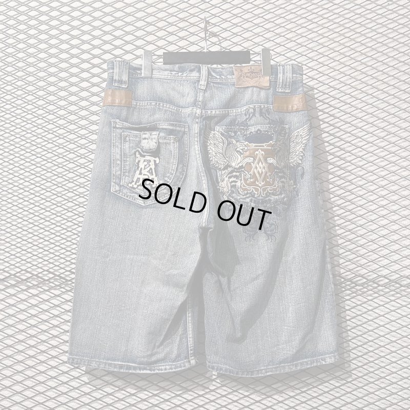 画像2: aka demilks - Leather Switching Embroidery Wide Denim Shorts