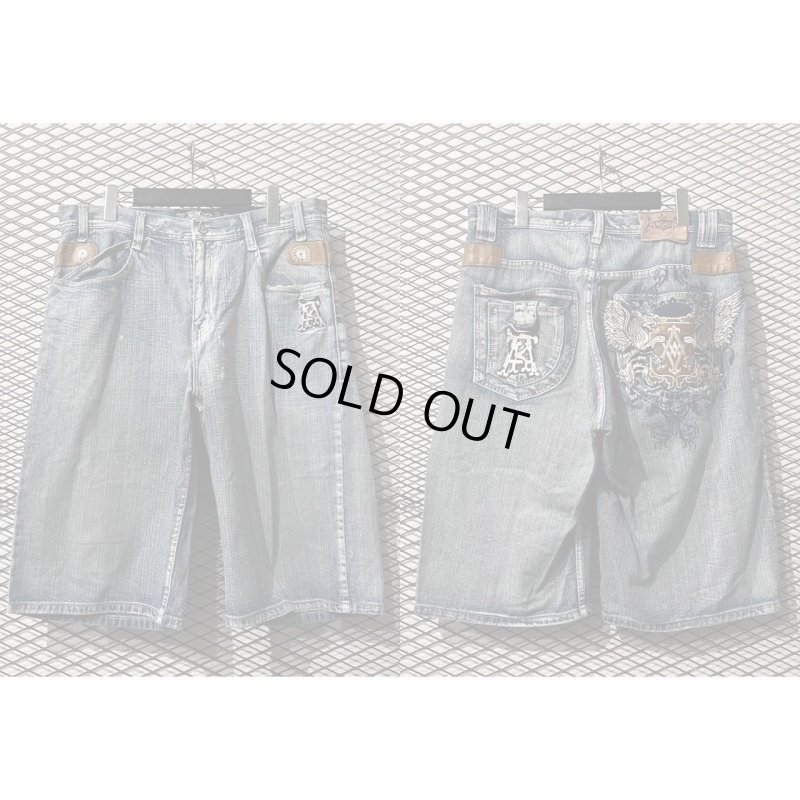 画像1: aka demilks - Leather Switching Embroidery Wide Denim Shorts