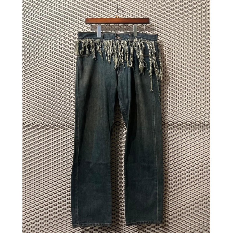 画像1: balance wear design - Fringe Docking Wide Denim Pants