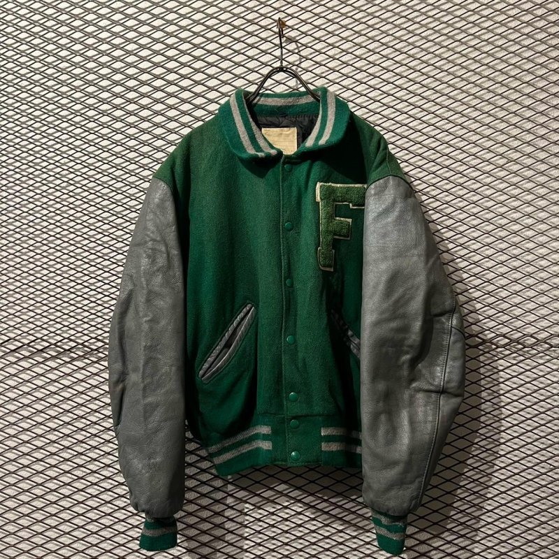 画像1: Used - "F" Leather Switching Stadium Jacket (BORO)