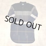 画像: KIDILL - Navy チェック柄切り替え長袖ロングシャツ