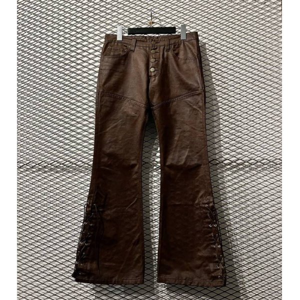 画像1: TORNADO MART - Lace-up Coating Flared Pants (Brown) (1)